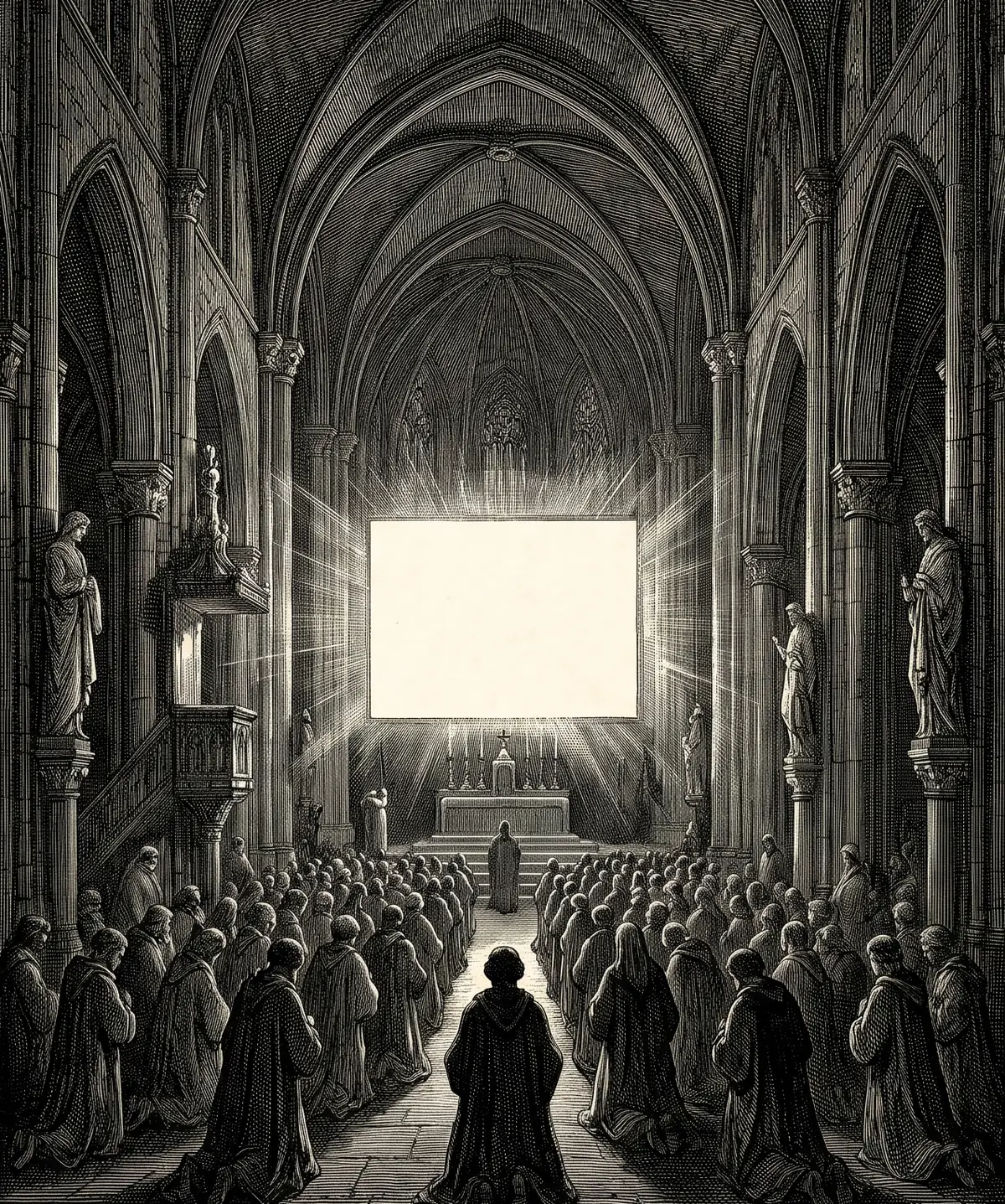 Grabado. Una multitud arrodillada en una catedral ante una pantalla luminosa.